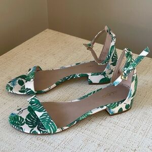 ALDO White Sandals with Green Leaf Print Ankle Strap Block Heel 7.5